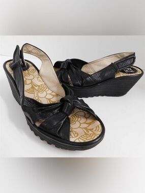 Fly London Yman Black‎ Leather Slingback Wedge Sandals 37 6.5